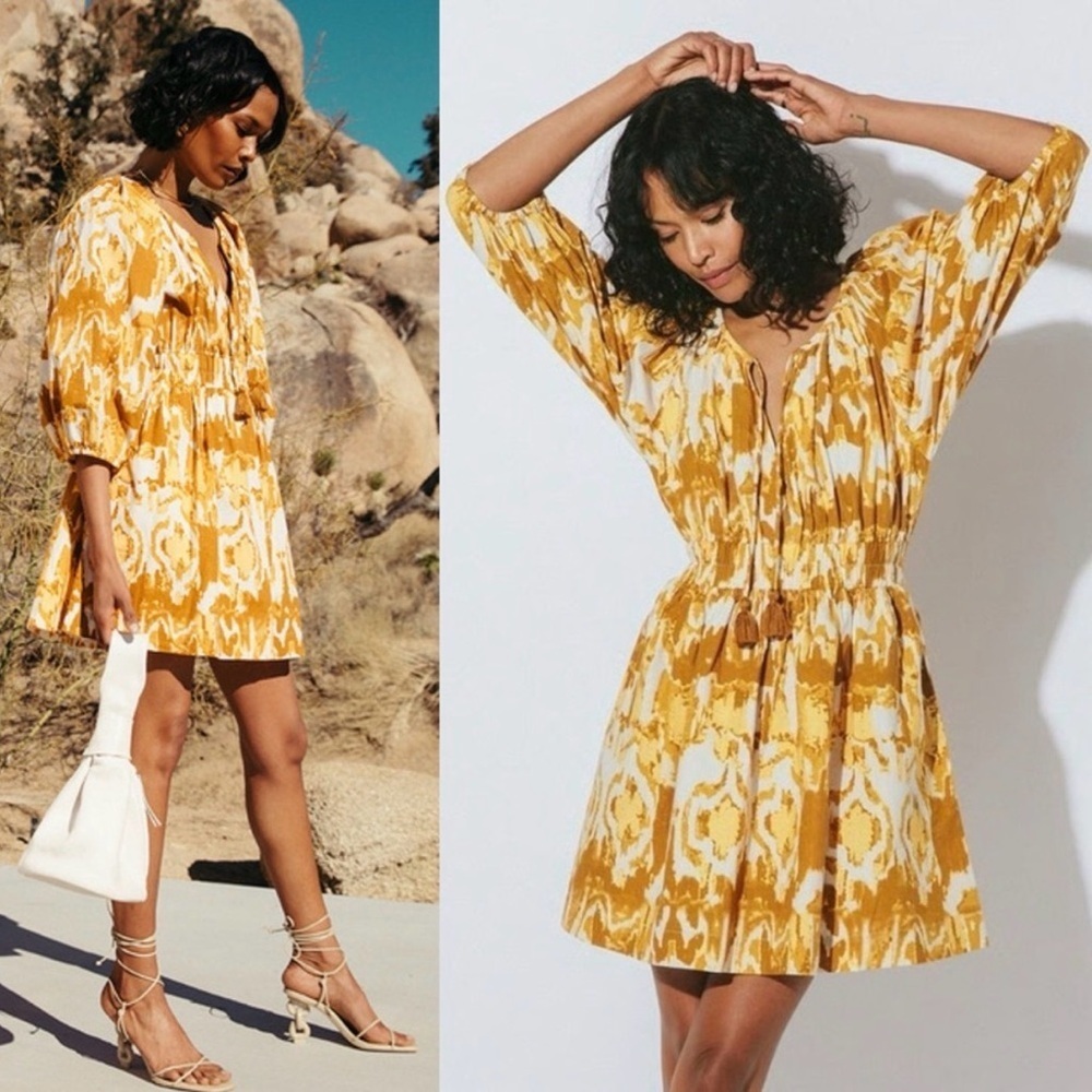 CLEOBELLA AUBREY MINI DRESS WATERCOLOR IKAT Golden Yellow White Long Sleeve XS